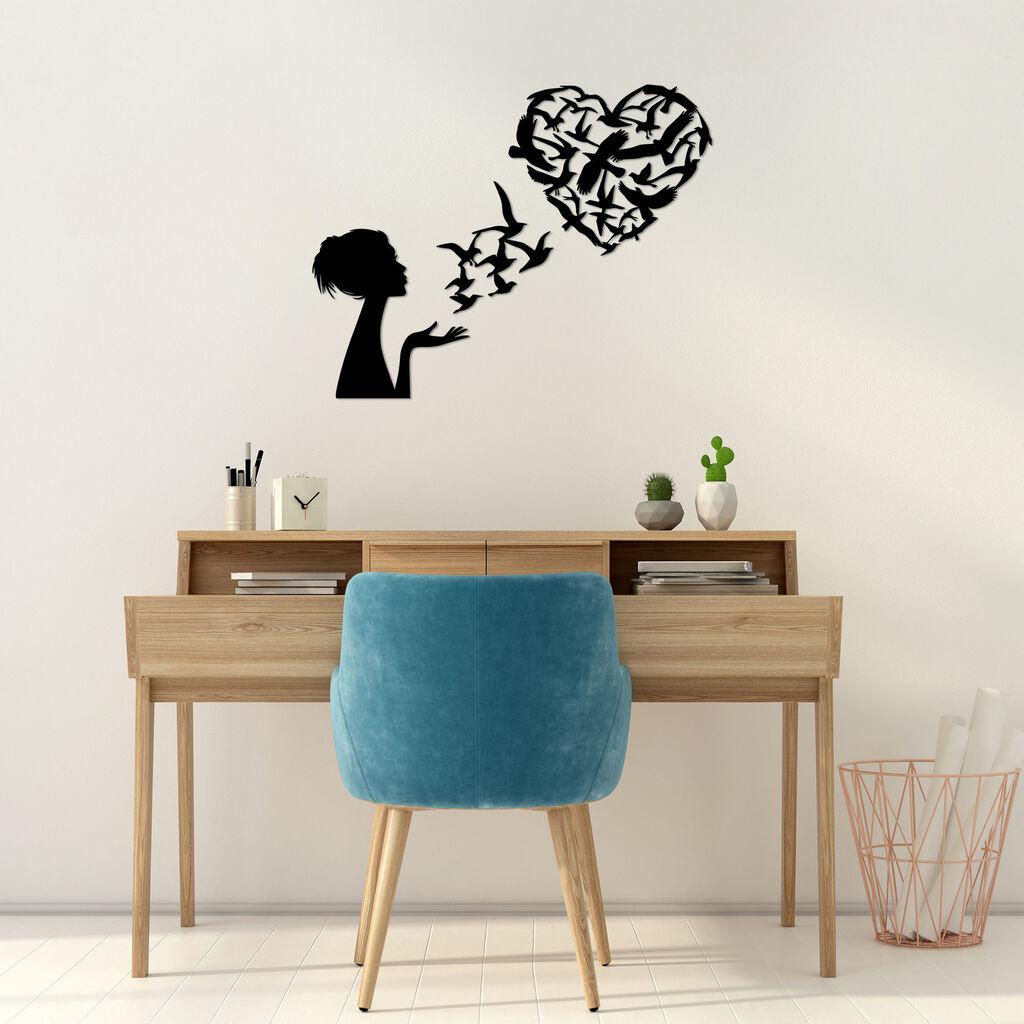 Wallity Zidna dekoracija Ptice Žena Srce-465, 63x50cm, Crna
