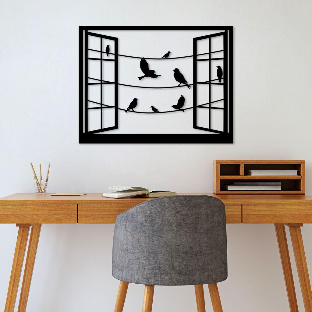 Wallity Zidna dekoracija Ptice ispred prozora - 1, 70 x 53 cm, Crna