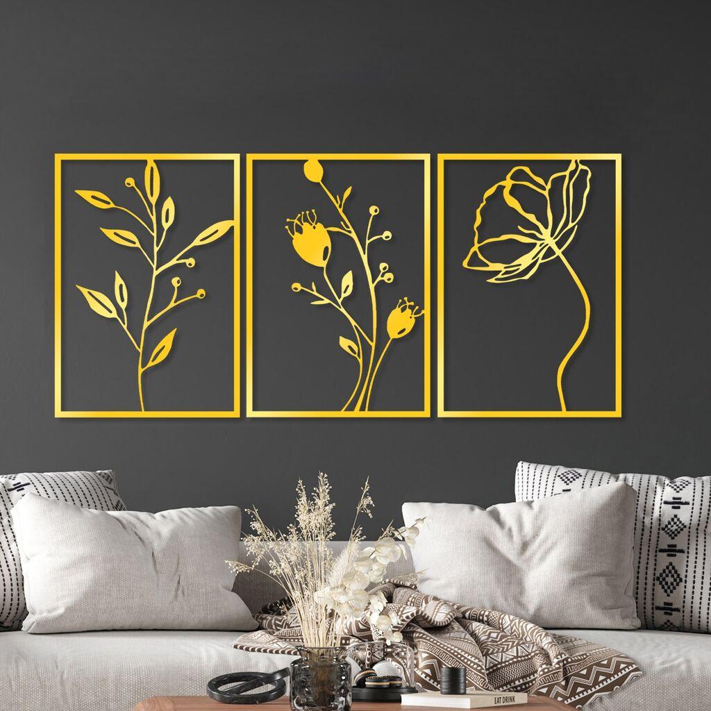 Wallity Zidna dekoracija Zlatni trostruki cvjetovi 3, 49 x 70 cm, Zlatne boje