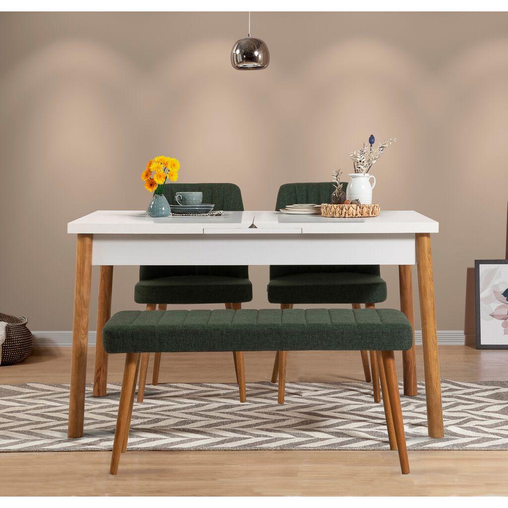Hanah Home Set Trpezarijski sto, 2 trpezarijske stolice i klupa Santiago Bijela Atlantska, Zelena