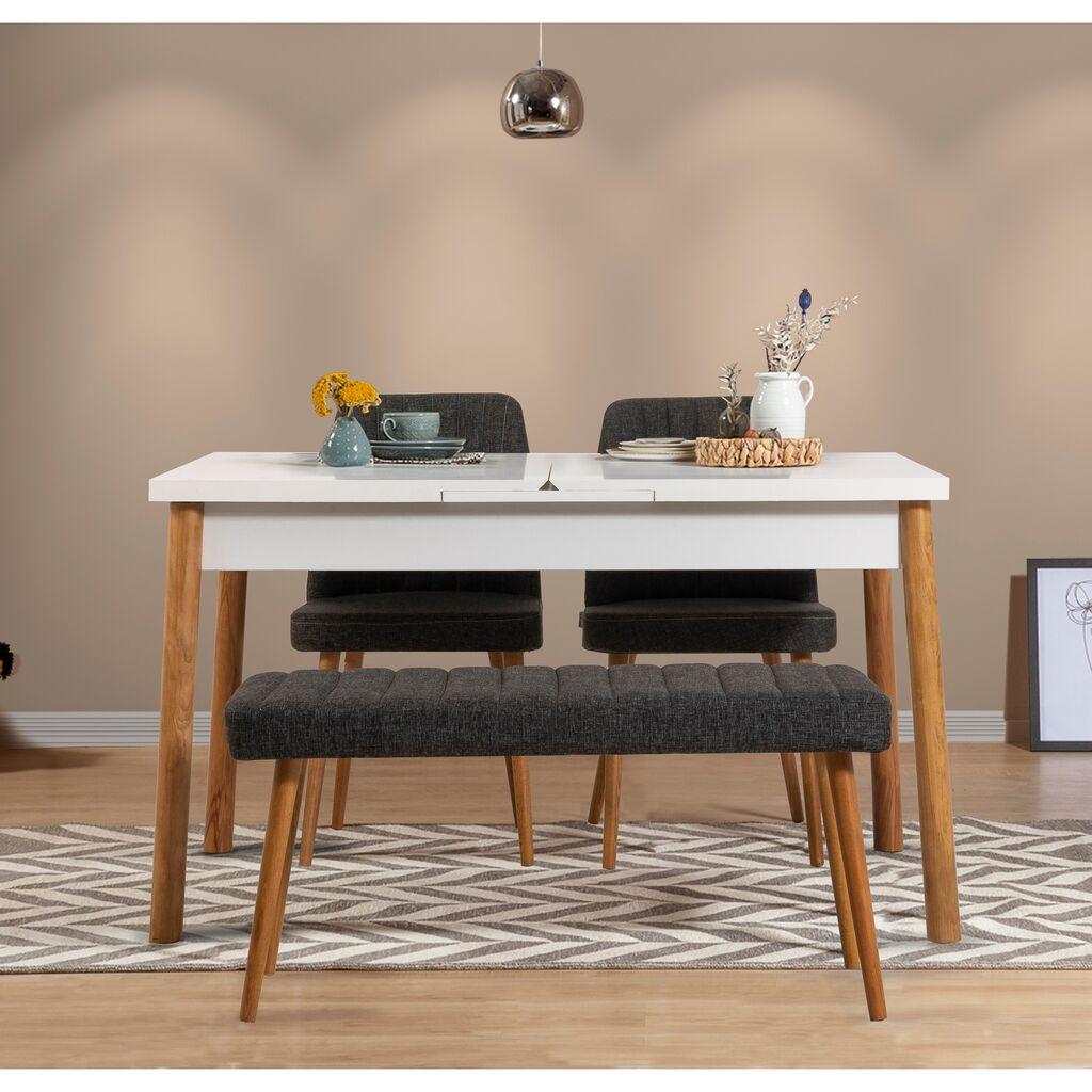 Hanah Home Set Trpezarijski sto, 2 trpezarijske stolice i klupa Santiago Bijela Atlantska, Antracit