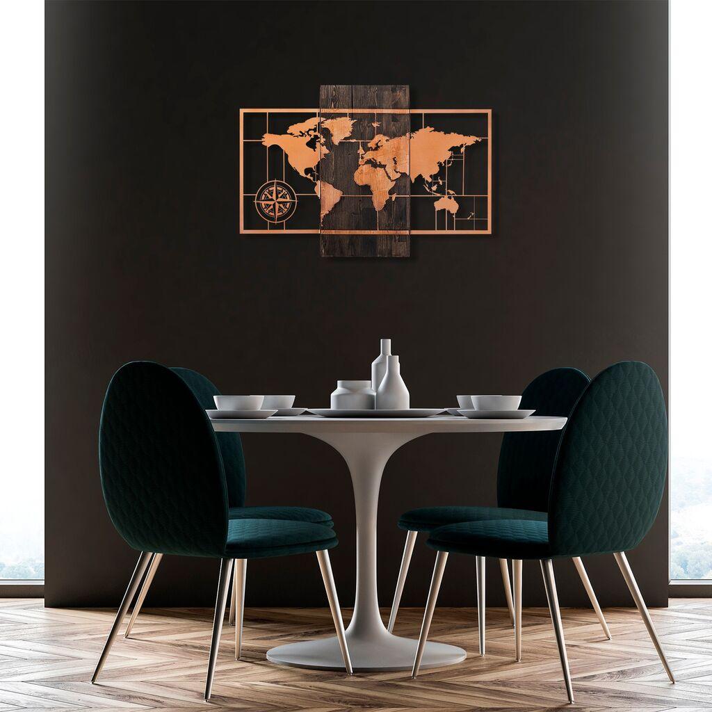 Wallity Zidna dekoracija Svjetska karta s kompasom, 58x85 cm, bakar