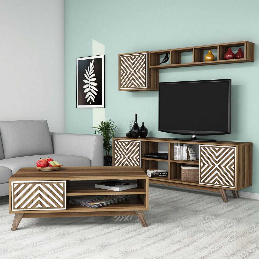 Hanah Home Set TV ormarić i klub stolić Inci, 4 dijela, Orah-bijela