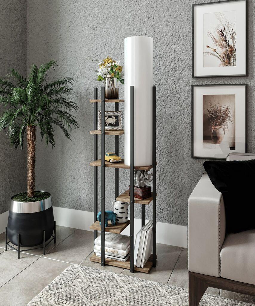 Opviq podna lampa s6 a polica metal/drvo crno bijela nat