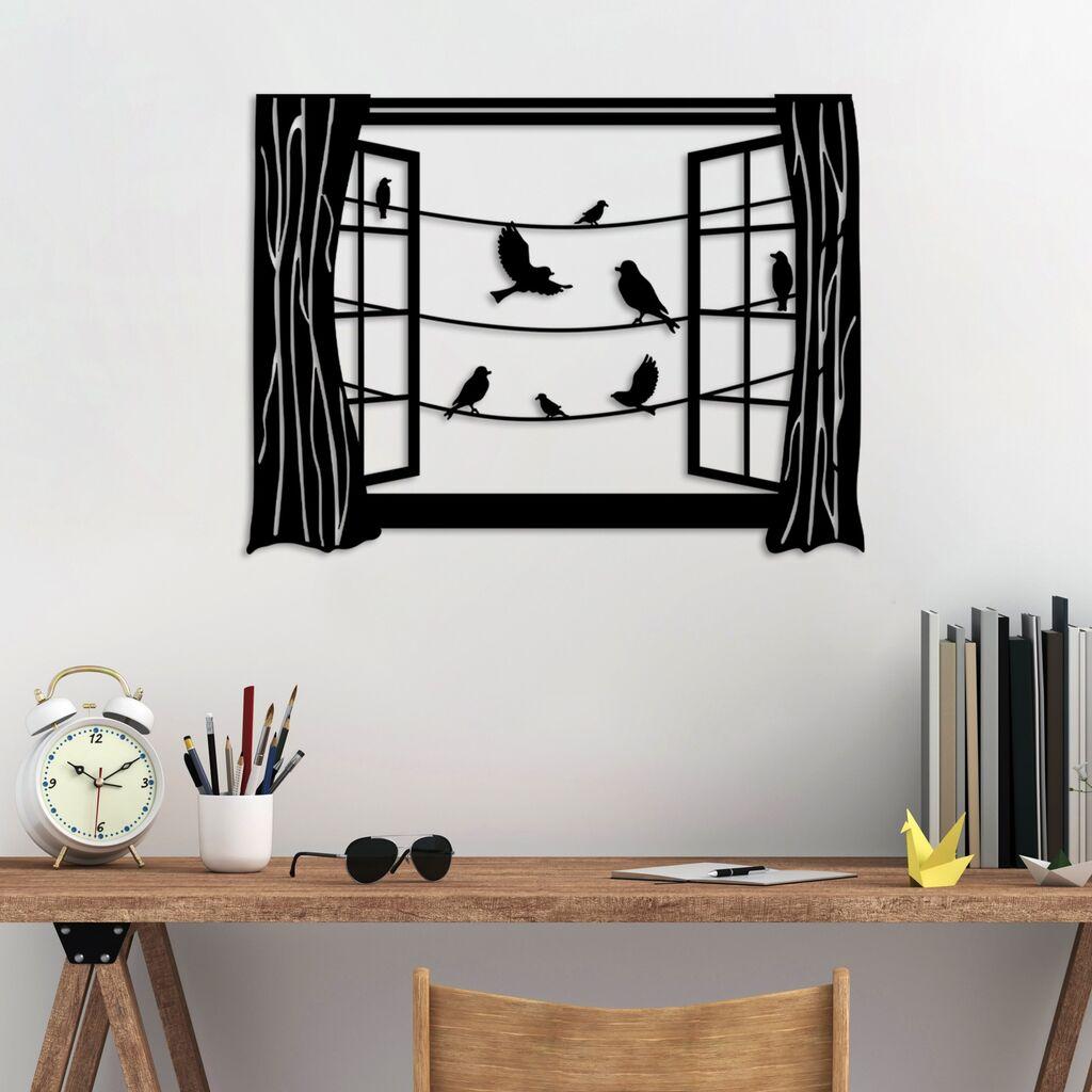 Wallity Zidna dekoracija Ptice ispred prozora - 4, 50 x 38 cm, Crna