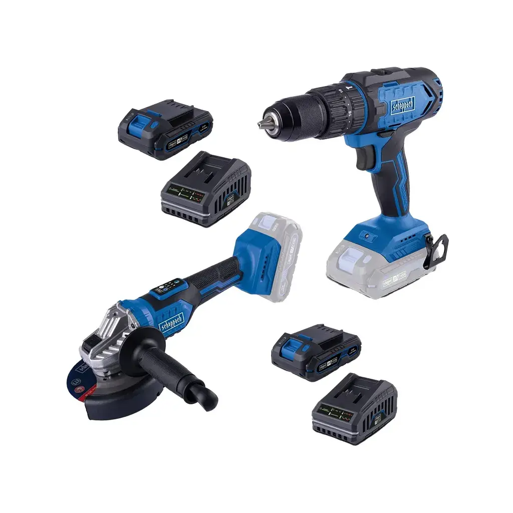 Scheppach Akumulatorska udarna bušilica Brushless IXES BC-CD60-X + Aku ugaona brusilica Brushless IXES BC-AG125-X + 2 x Baterija + 2 x Brzi punjač