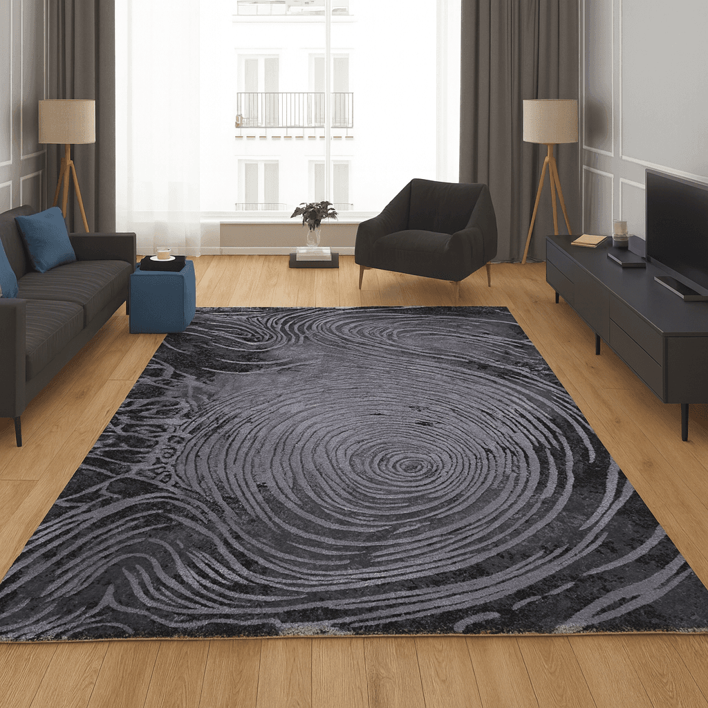 Merinos Končani tepih Spirale vremena, 240x340 cm, Tamnosivi