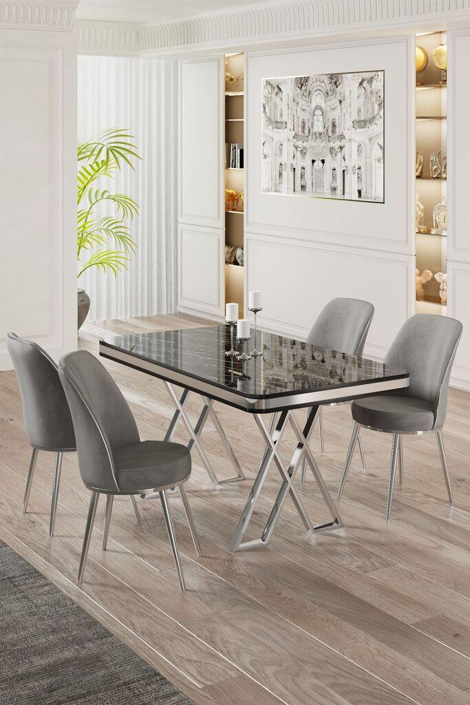 Hanah Home Set Trpezarijski sto i 4 stolice, sivo-crna