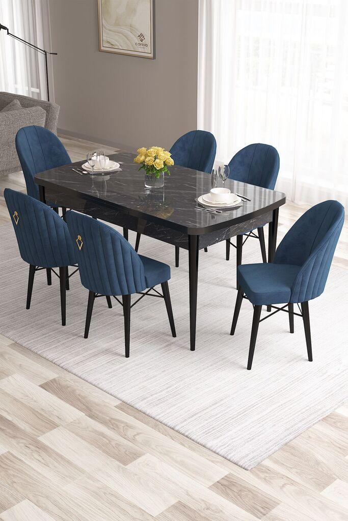Hanah Home Set Trpezarijski sto i 6 stolica Roza, Plavo-crna