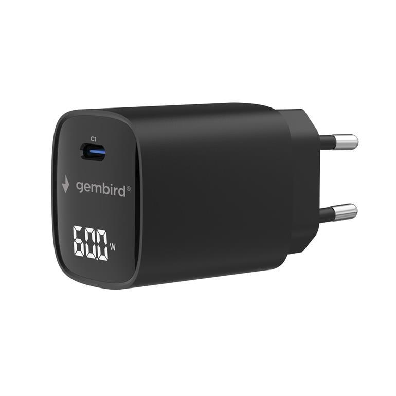Gembird Brzi punjač USB Type-C TA-UC-1C-PD60LCD-01-BK, 60W, USB LCD, Crni