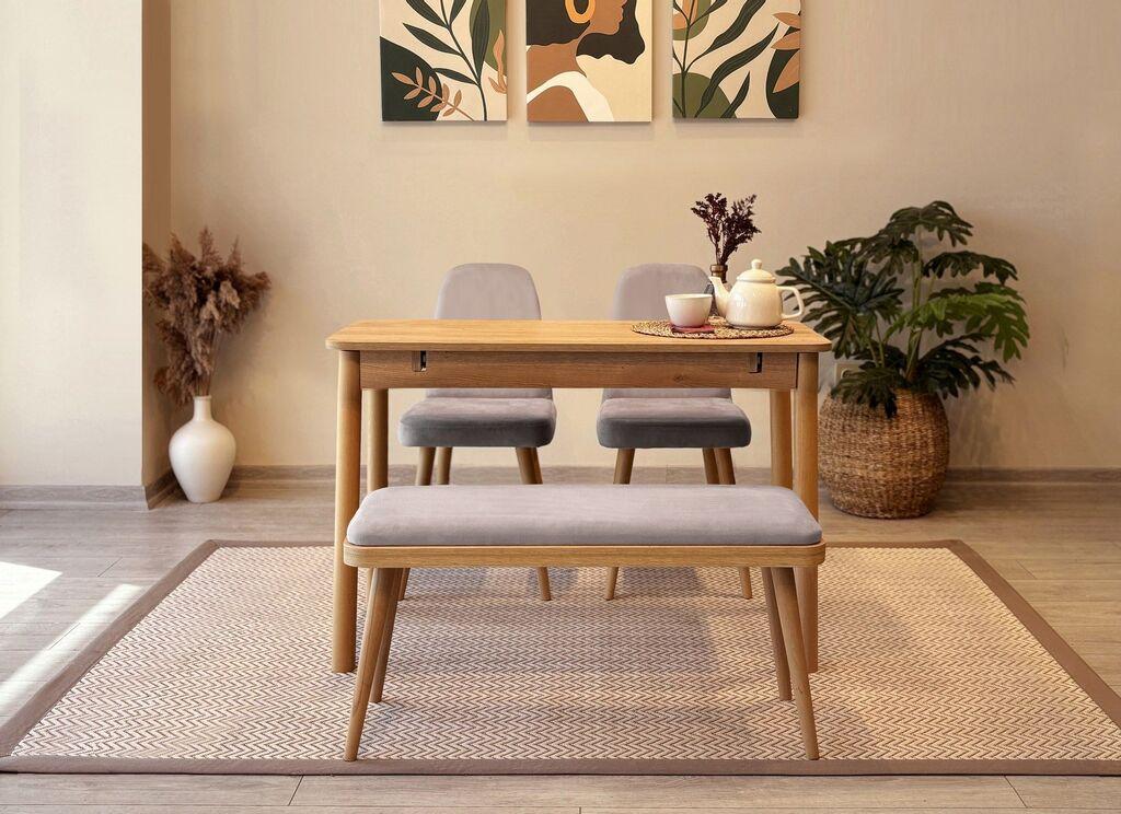 Hanah Home Set Trpezarijski sto, 2 trpezarijske stolice i klupa Vina Mini 01 0701, Svijetlo siva