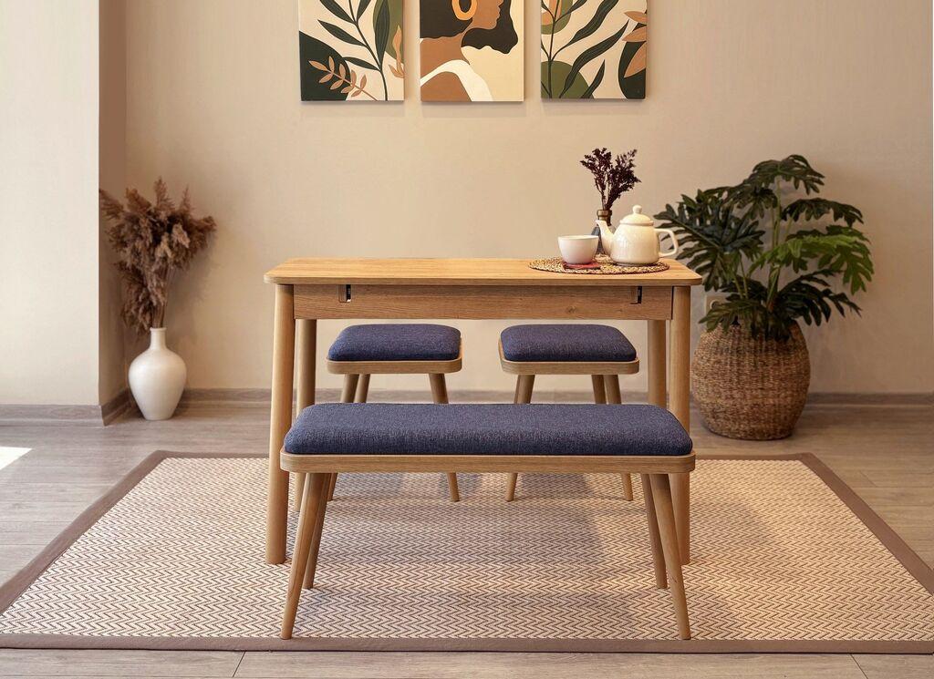 Hanah Home Set Trpezarijski sto, 2 trpezarijske stolice i klupa Vina Mini 04 1048, Teget