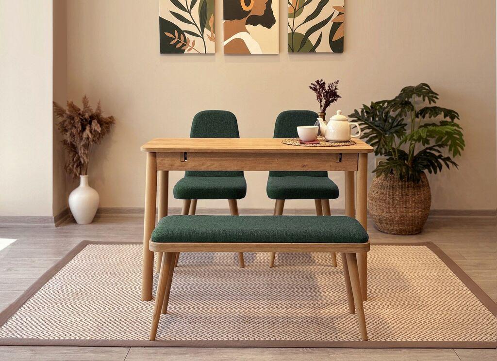 Hanah Home Set Trpezarijski sto, 2 trpezarijske stolice i klupa Vina Mini 01 1070, Zeleni