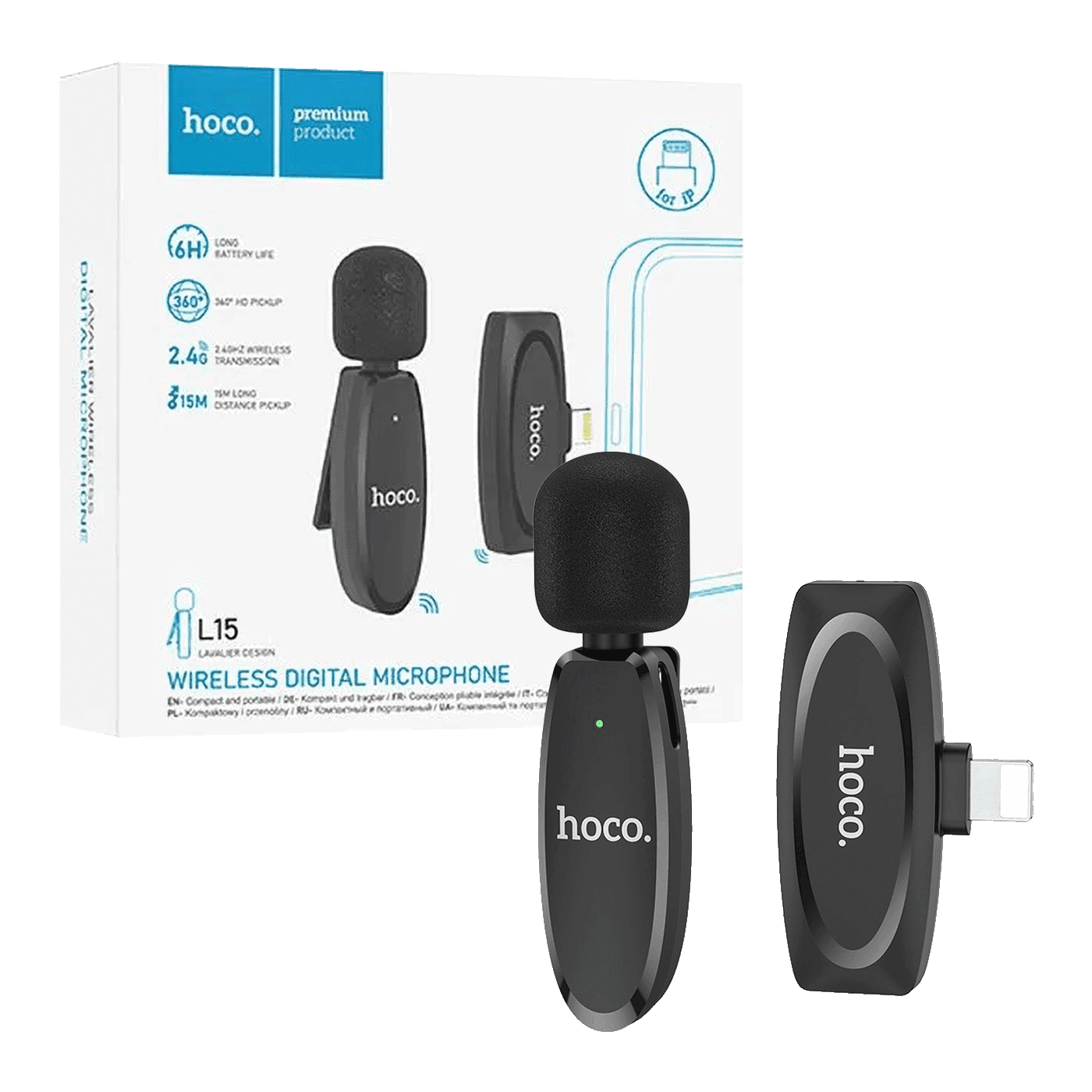 Hoco. Bežični mikrofon sa Lightning konetktorom L15 Crystal Lavalier iPhone, Crni