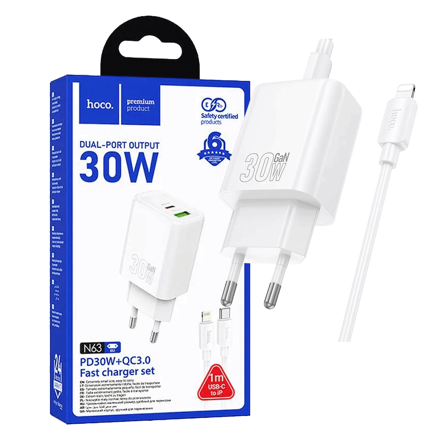 Hoco. Kućni punjač sa Type-C Lightning kablom N63 Gentle, PD30W, QC3.0, Bijeli