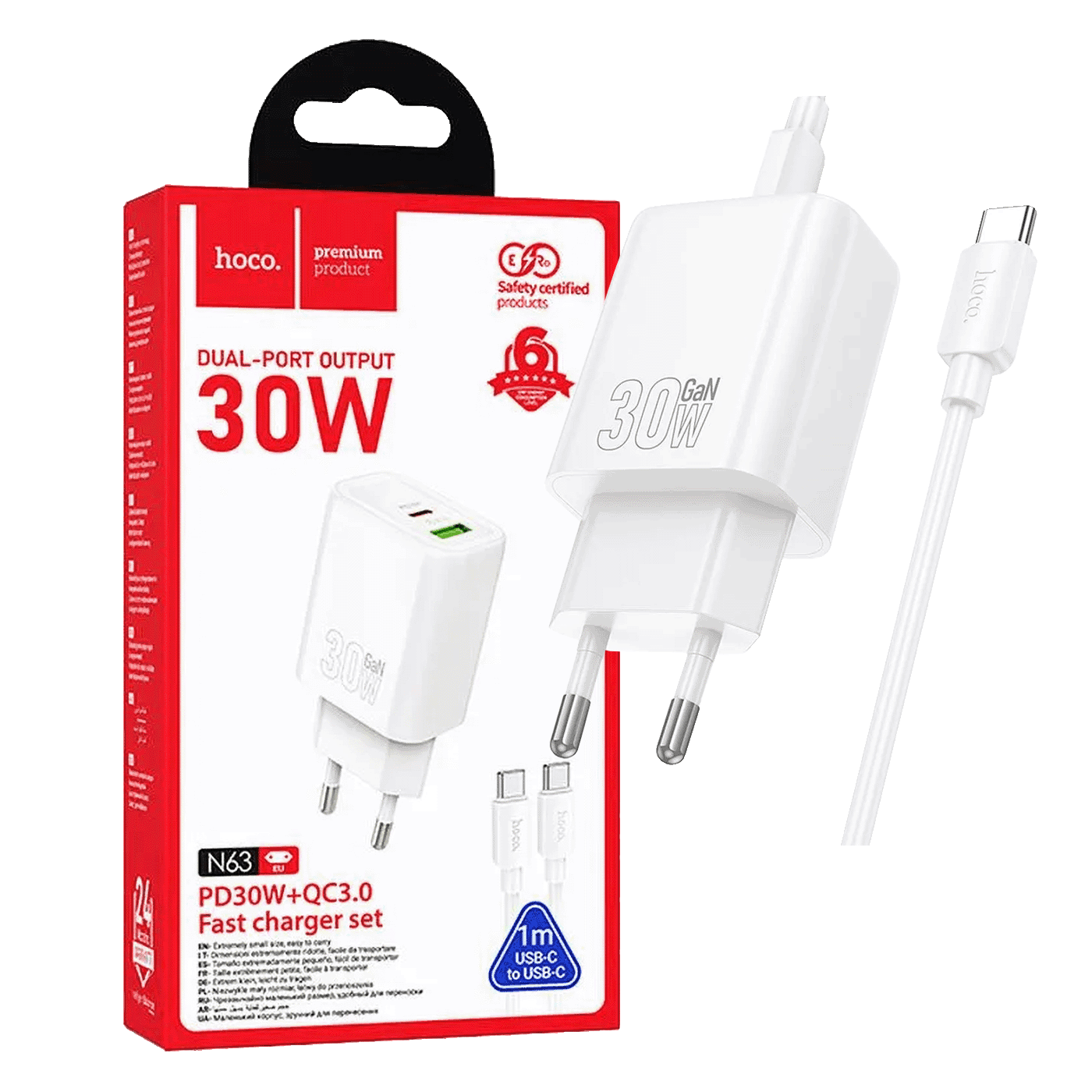 Hoco. Kućni punjač sa Type-C kablom N63 Gentle, PD30W, QC3.0, Bijeli