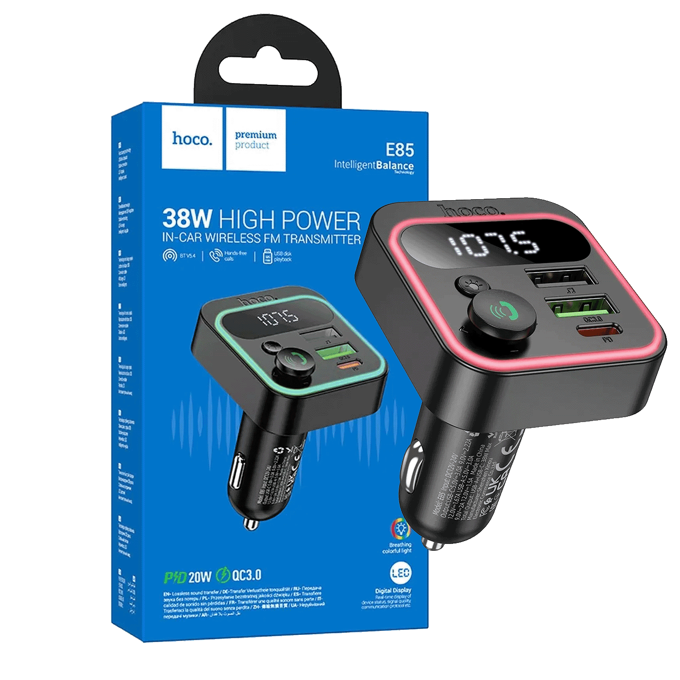 Hoco. FM modulator E85 Tiger, Bluetooth, 12/24V, 2 x USB, PD QC3.0 20W, Crni