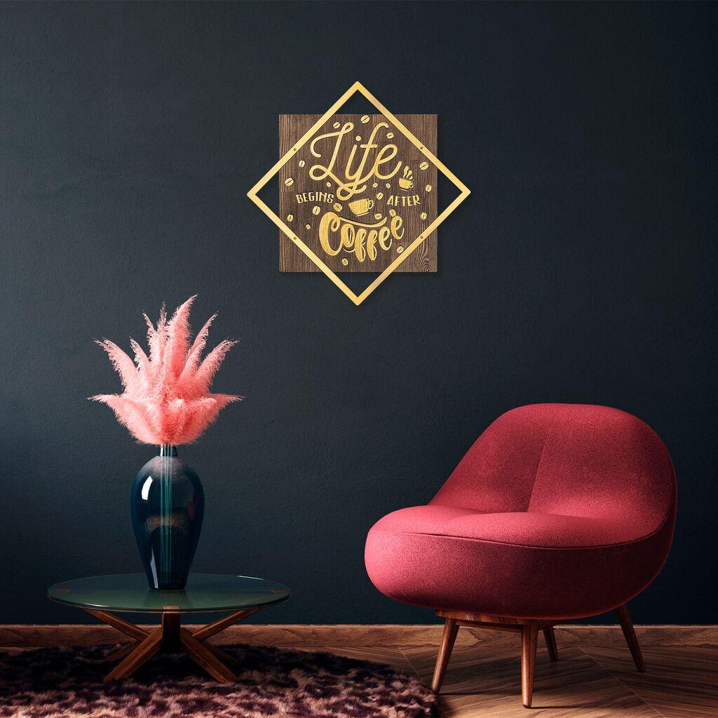 Wallity Zidna dekoracija Life Begins After Coffee, 54 x 54 cm,  Zlatne boje