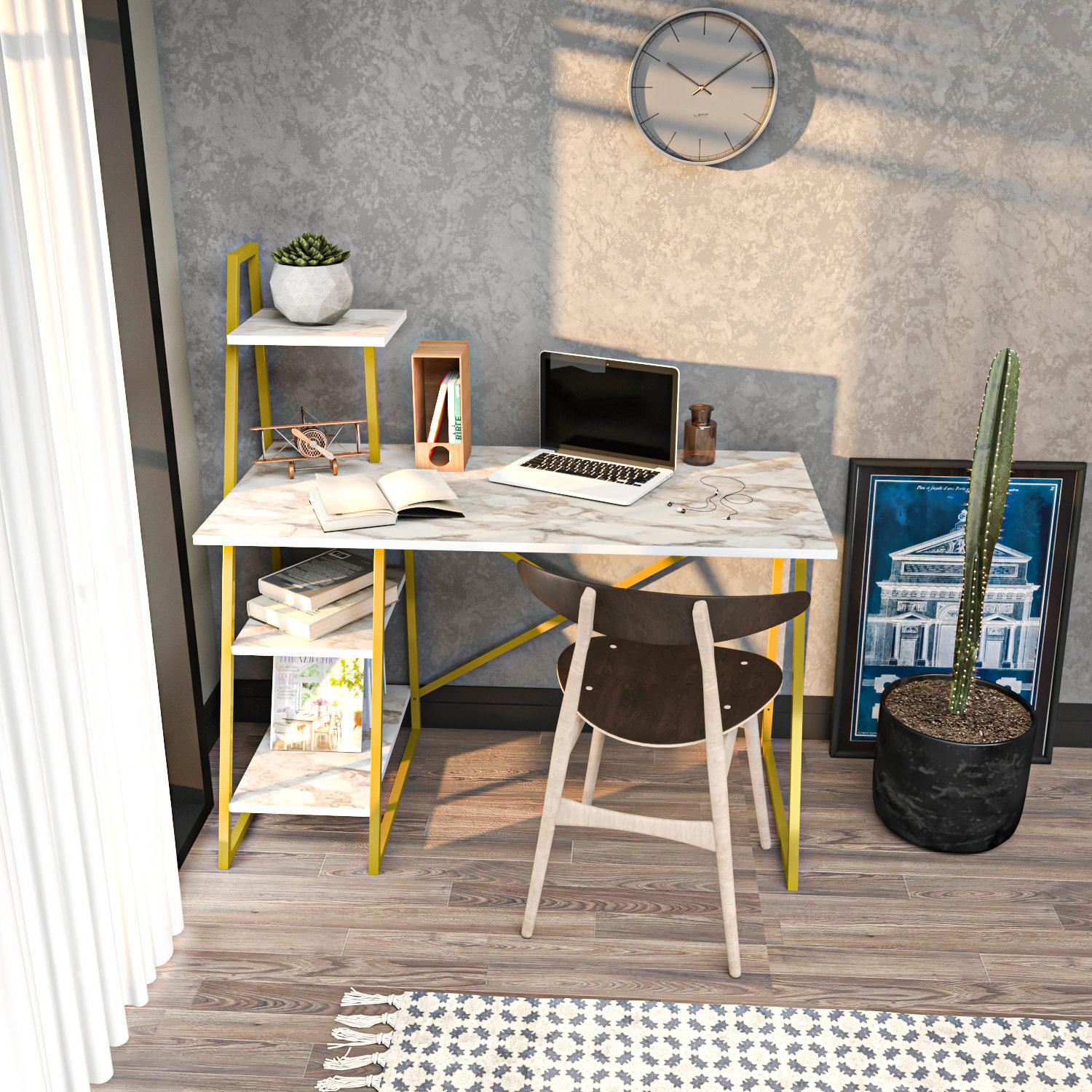 Hanah home Radni sto 120x120x60 cm Bijelo-zlatni