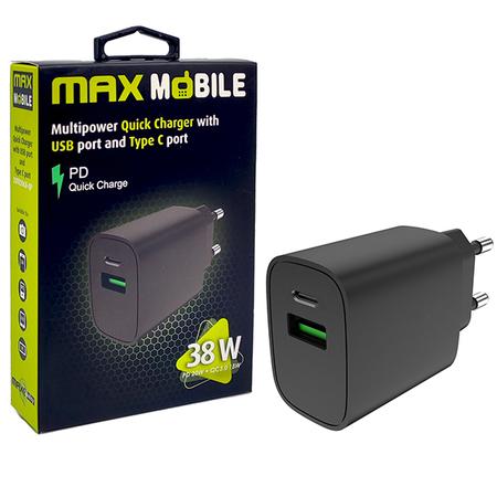Maxmobile Punjač kućni PD QC3.0 DUO TYPE C 20W+USB 18W 2UTR3068QP, Crna
