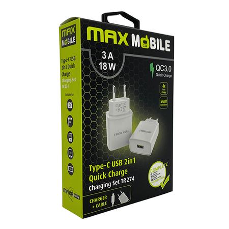 Maxmobile Punjač kućni 2u1 QC 3.0 QUICK CHARGE USB + TYPE-C 18W, Bijela