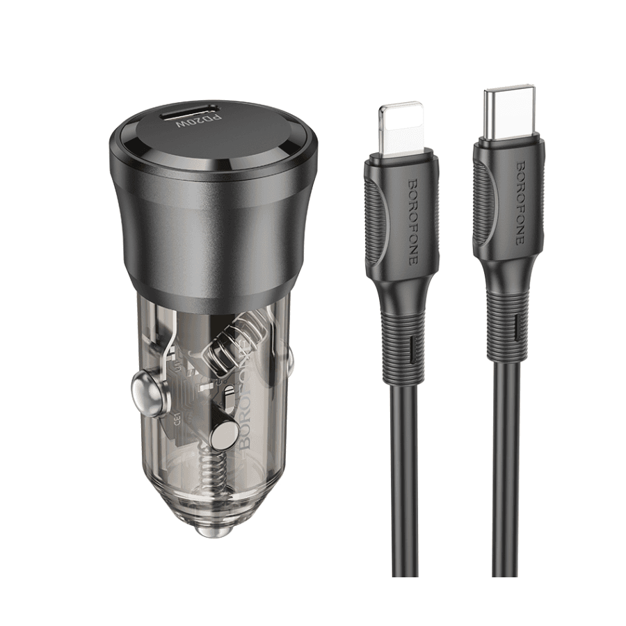 Borofone Auto Punjač sa kablom 1m Type-C to iPhone/lightning BZ24 Clever single port PD20W Type-C, Crni