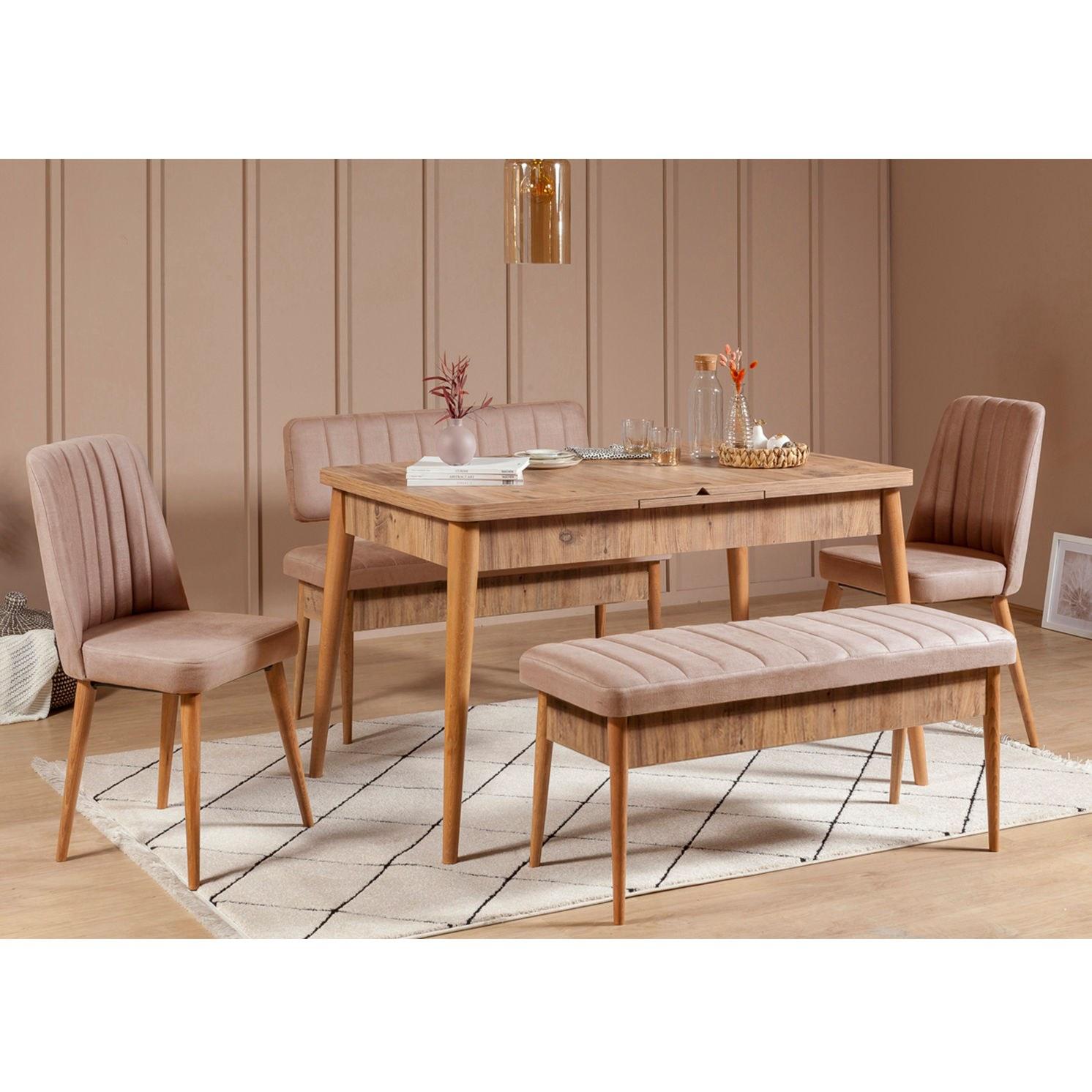 Hanah Home Set trpezarijski sto, 2 trpezarijske stolice i 2 klupe boje vina i bež