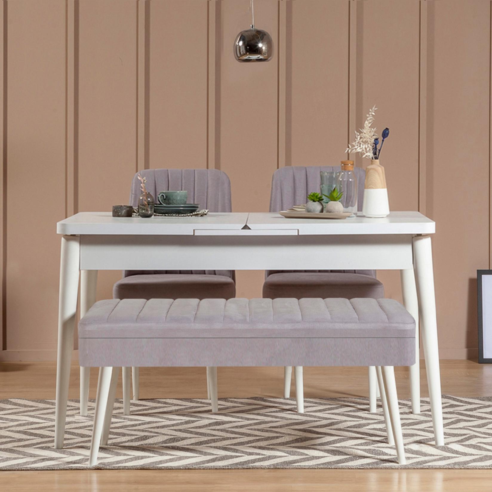 Hanah Home Set trpezarijski sto, 2 trpezarijske stolice i klupa Vina 0701, Bijelo-sivi