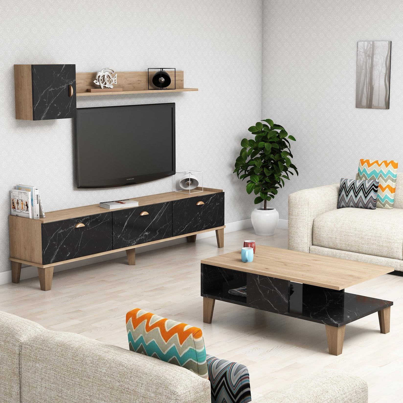 Hanah Home Set TV komoda i klub stolić Smeđi-Mermer