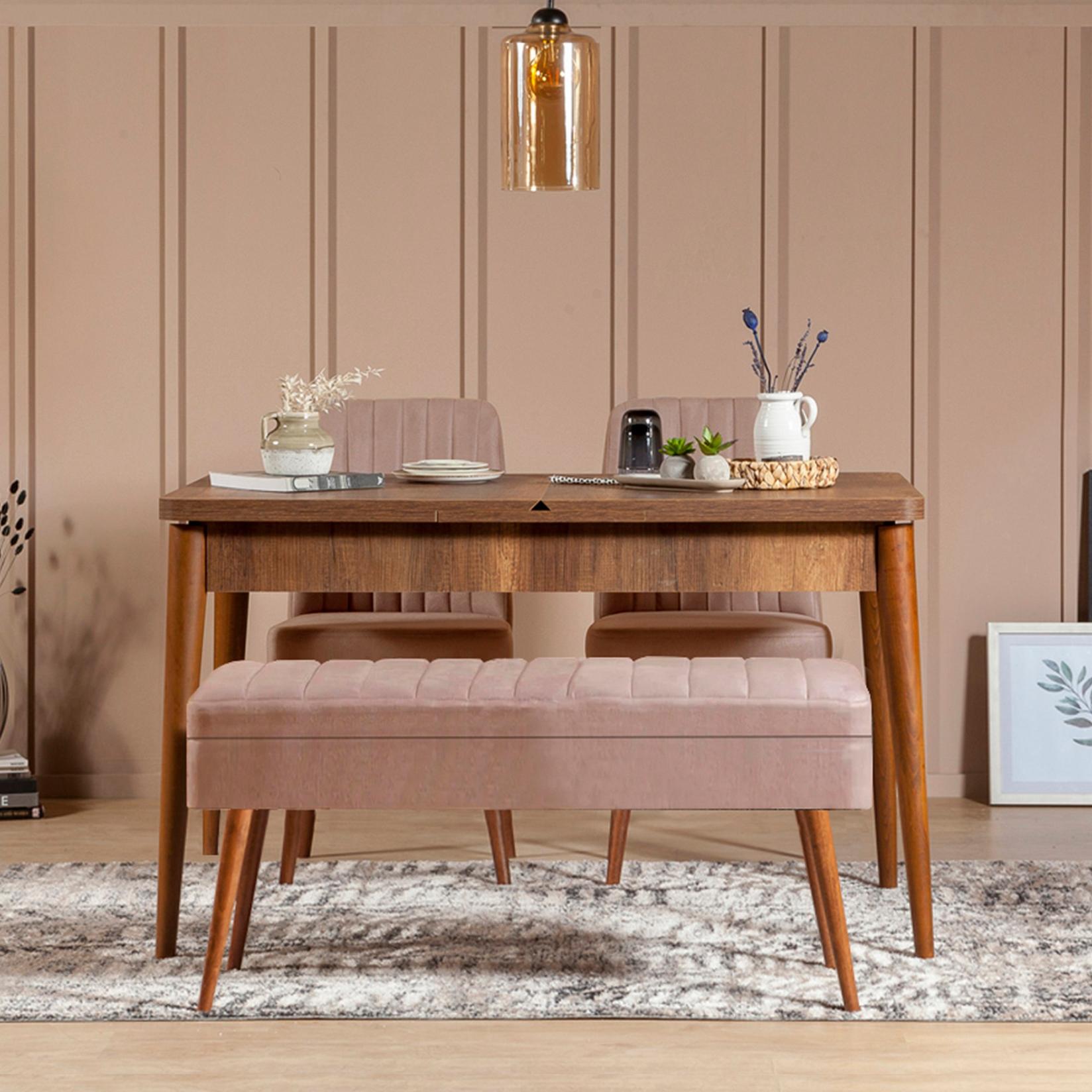 Hanah Home Set trpezarijski sto, 2 trpezarijske stolice i klupa Vina 0900, Orah