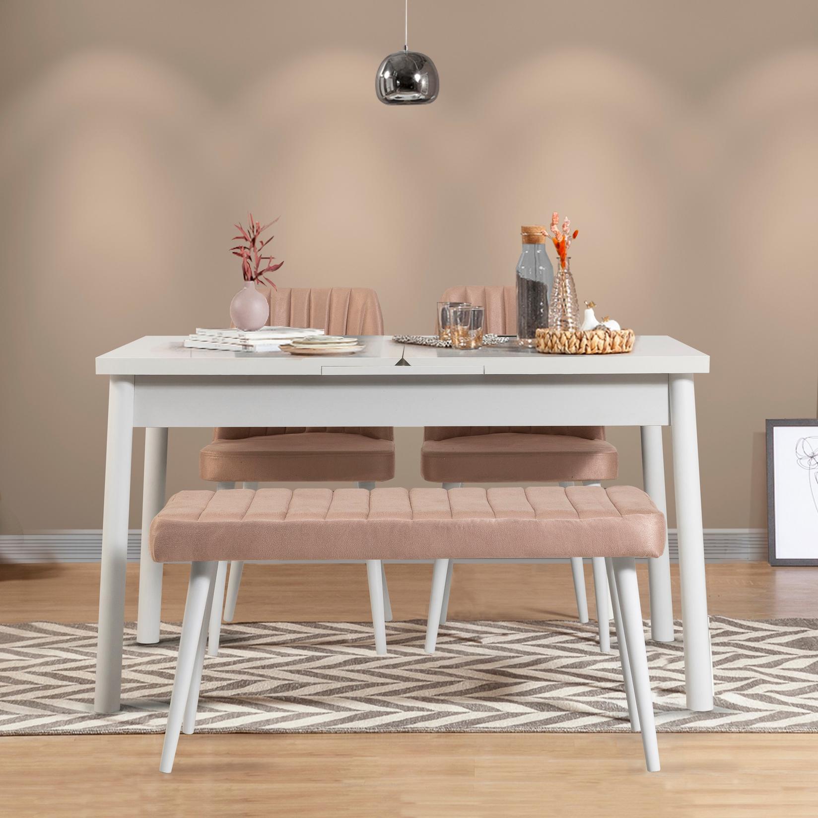 Hanah Home Set trpezarijski sto, 2 trpezarijske stolice i klupa Santiago Bijelo-bež