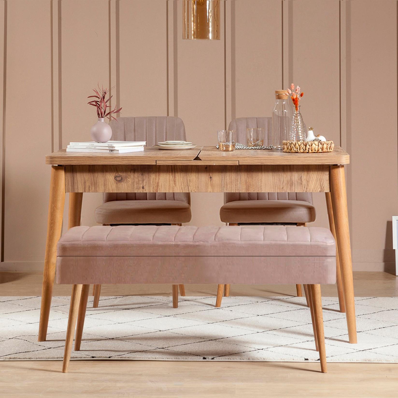 Hanah Home Set trpezarijski sto, 2 trpezarijske stolice i klupa Vina 0900, Bež