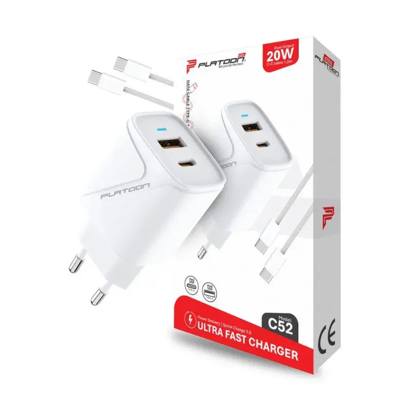 Platoon Elite Punjač C52 USB-A + USB-C Type-C 1.2m, 20W
