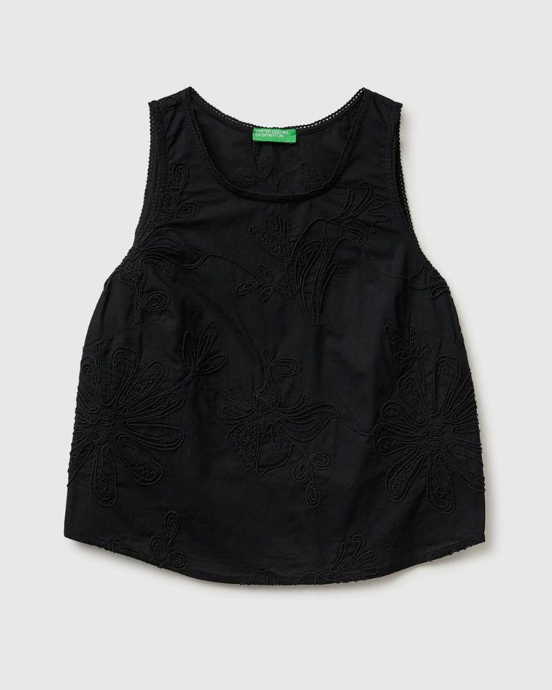 Benetton Ženska majica bez rukava s cvjetnim vezom 5RWNDQ0EJ-100-M, Crna