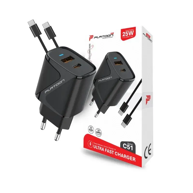 Platoon Elite Punjač C51 USB-A + USB-C Type-C 1.2m, 25W