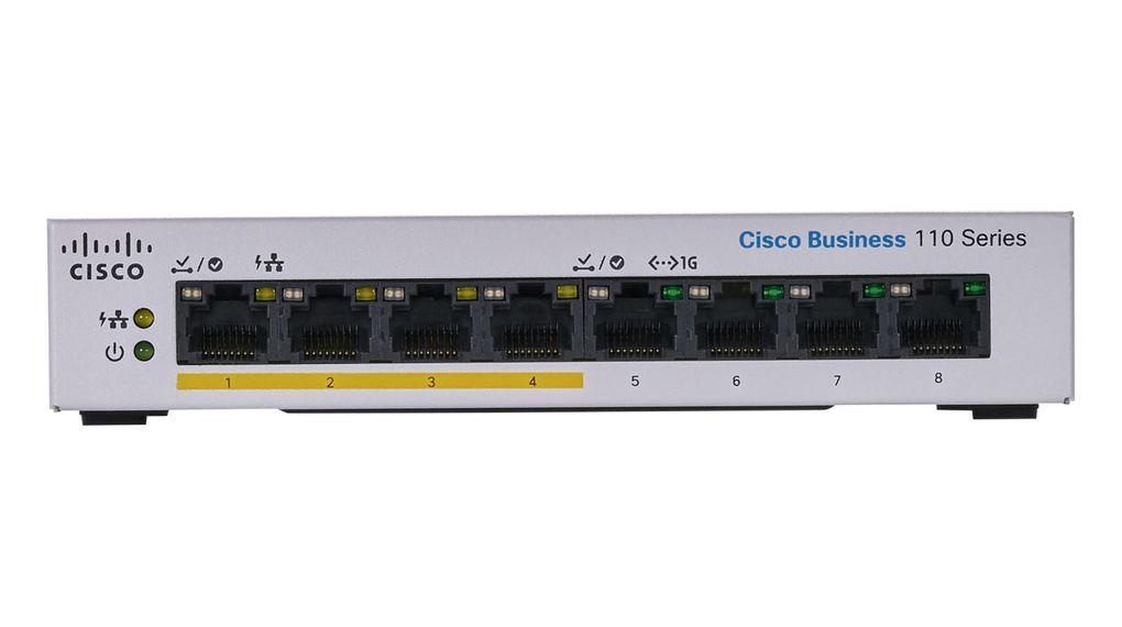 Cisco Neupravljivi switch CBS110, 8 GE portova, Eksterno napajanje, Sivi