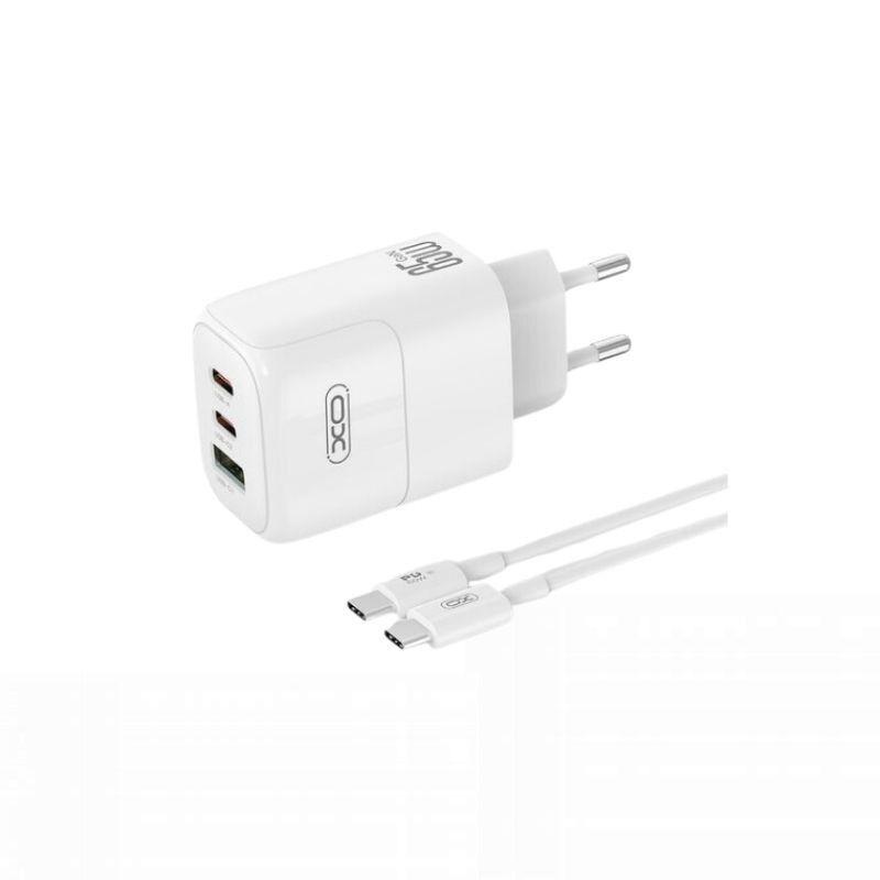 XO Kućni punjač L139, USB-A, USB-C, 65W, Brzo punjenje, Bijeli + USB-C kabl, Bijeli