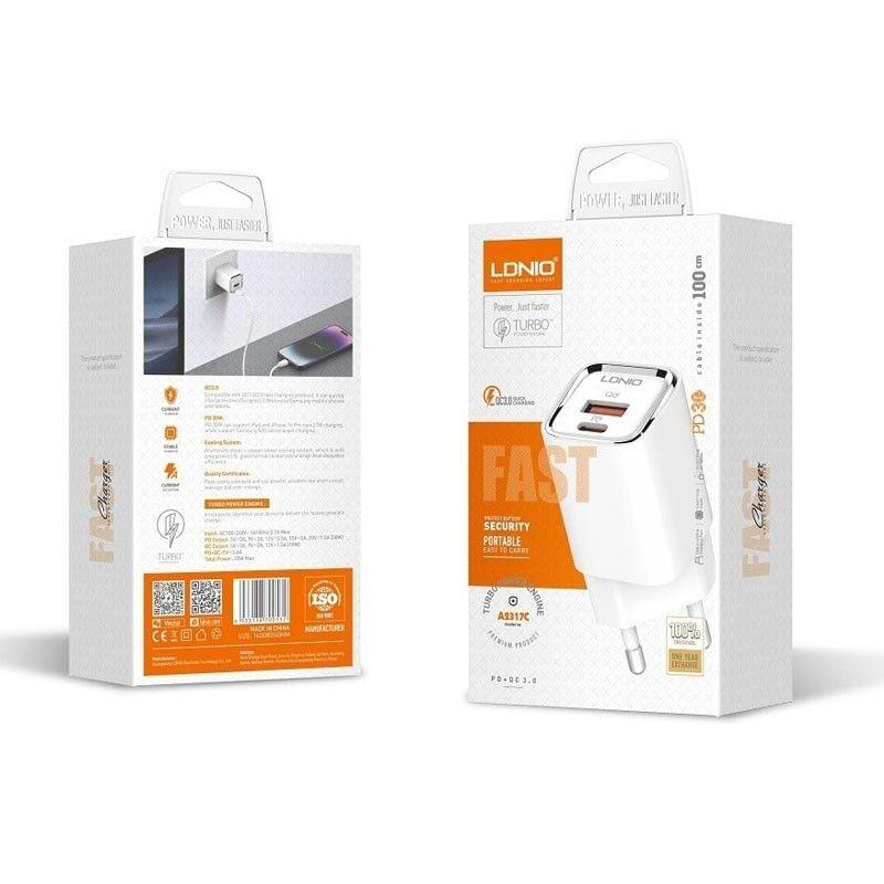 Ldino Kućni punjač A2317C PD, Bijeli + USB-C na Lightning kabl, QC 3.0, 30W, Bijeli
