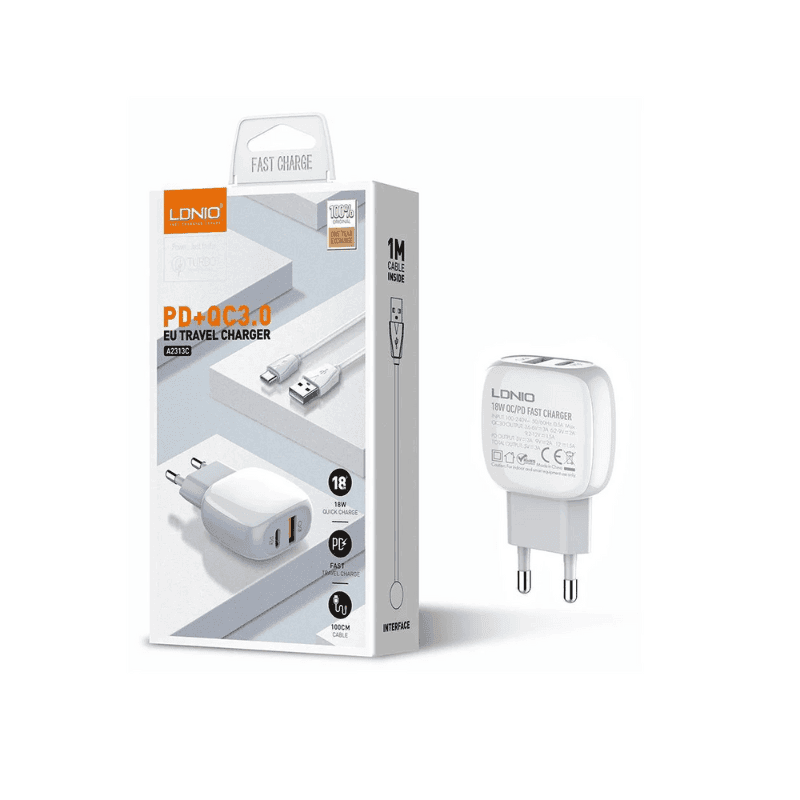 Ldino Kućni punjač A2313C PD, Bijeli + USB-A na USB-C kabl, QC 3.0, 20W, Bijeli