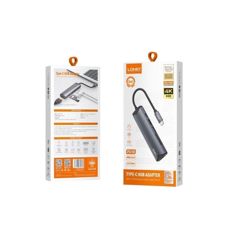Ldnio USB Hub DS-56H, USB Tip-C, PD3 + HDMI + USB 2.0 + SD + TF, Crni