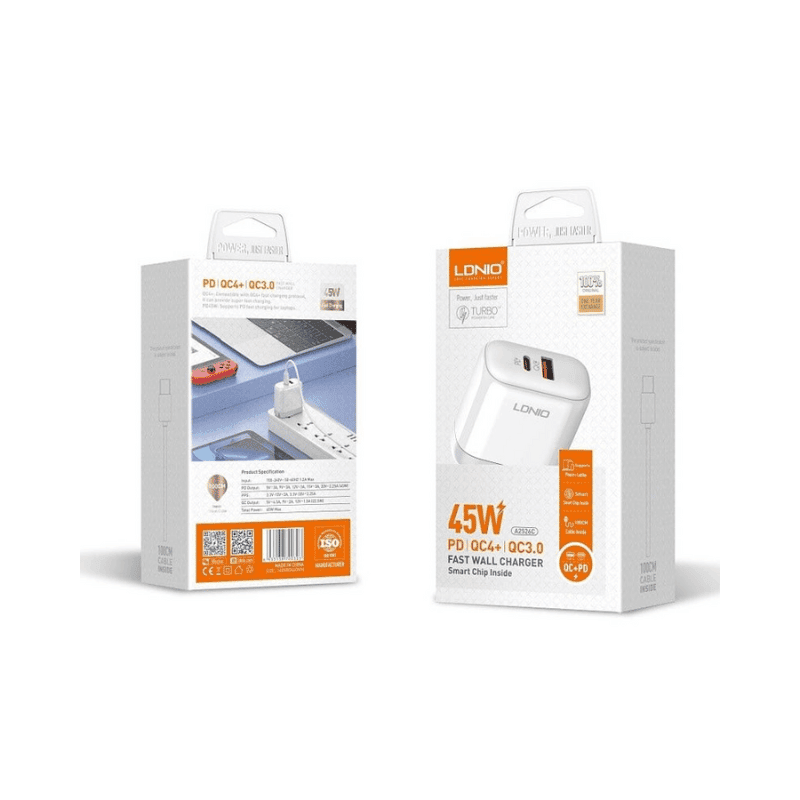 Ldino Kućni punjač A2526C, 45W, PD, Bijeli + USB-C na USB-C kabl, QC, Bijeli