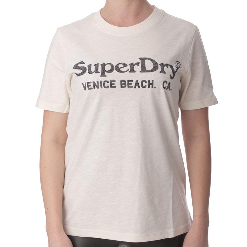 Superdry ženska metalna majica kratkih rukava Venue, opuštena, krem