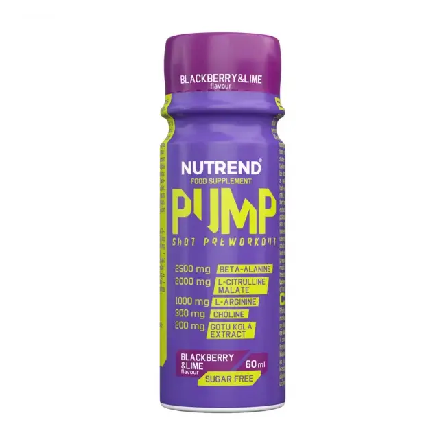 Nutrend Pump Shot, pre-workout bez kofeina za snagu i energiju, kupina, limeta, 60 ml