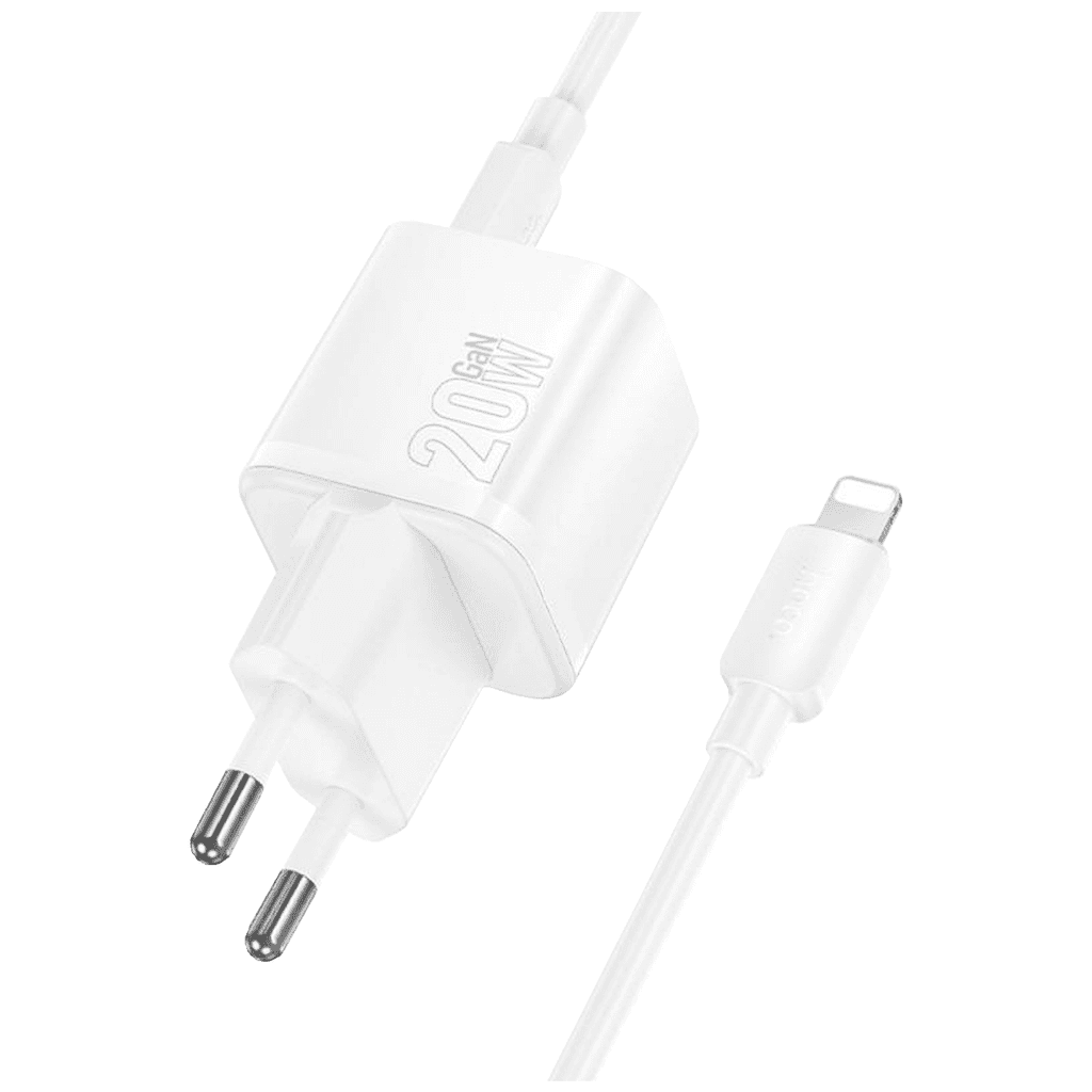 Hoco. Punjač N65, PD20W + QC3.0, USB-C, Bijeli + Kabl, USB-C na Lightning, Bijeli
