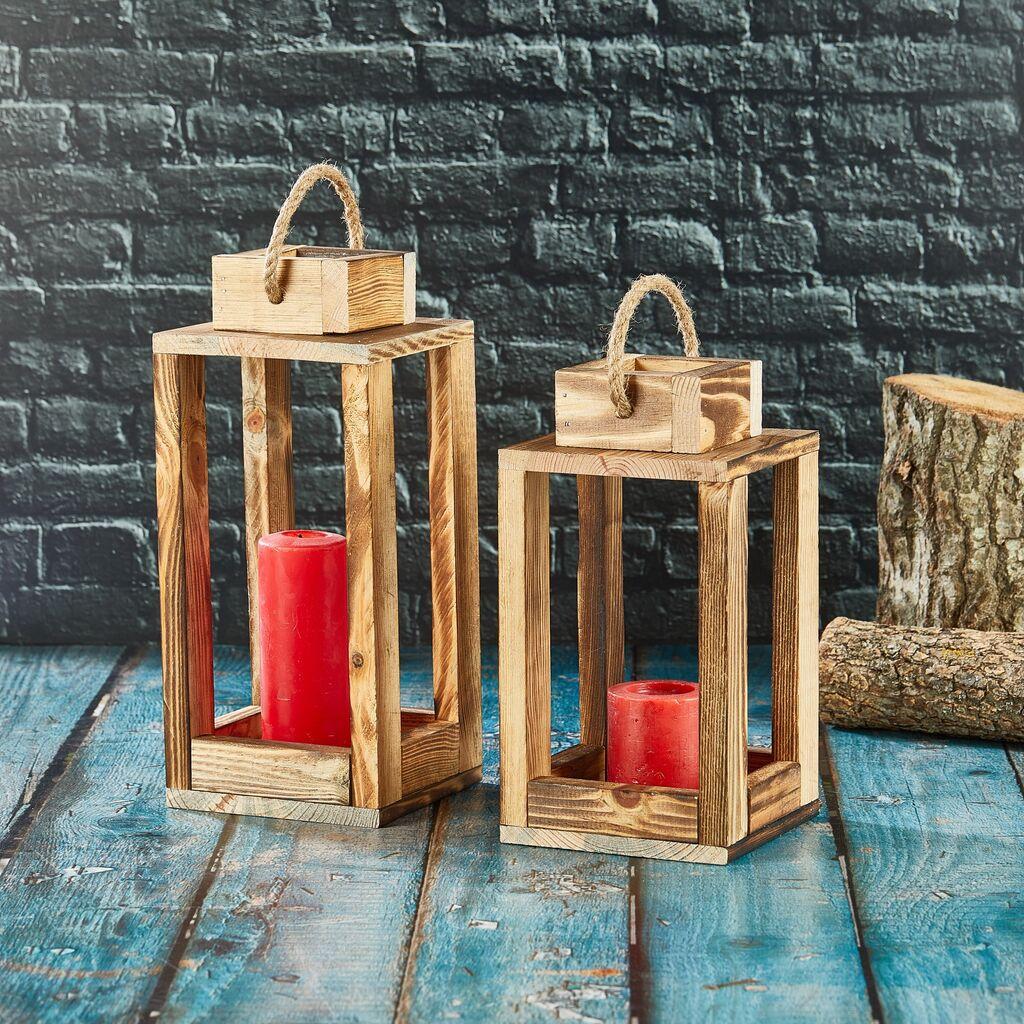 Aberto Design Set svijećnjaka Dvostruki fenjer, drveni, 30x25 cm