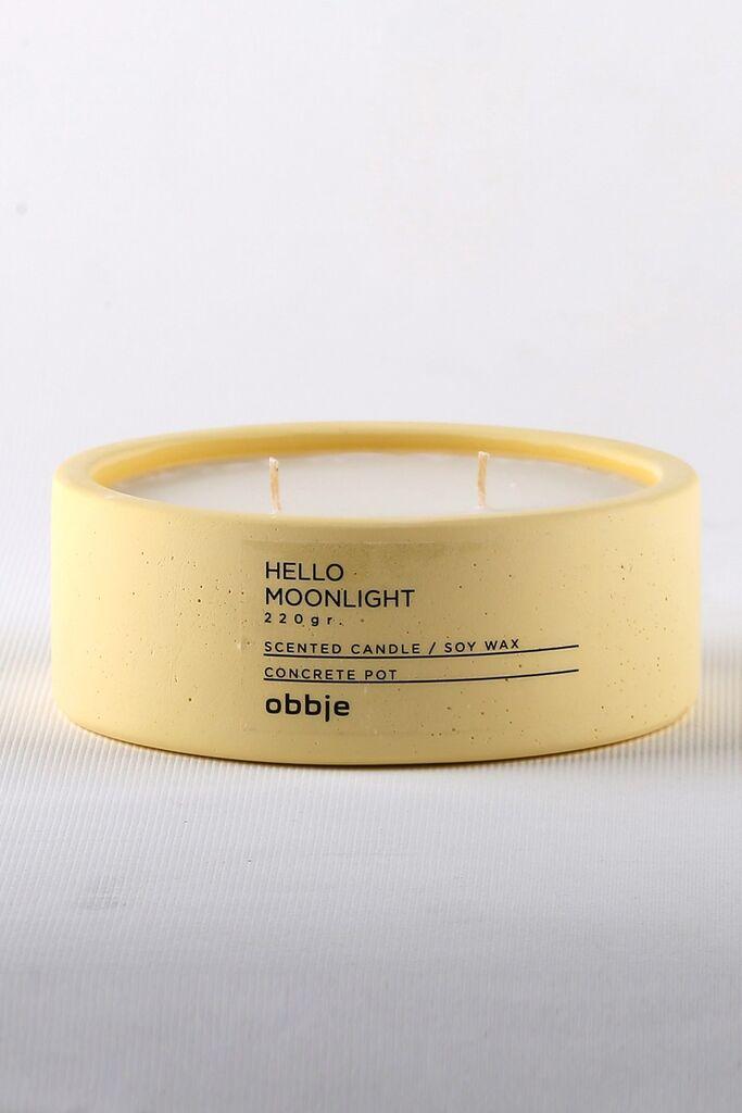 Aberto Design Betonska svijeća Hello Moonlight Flat, miris parafina i soje, vanilije i Munchmellow, 12 cm, žuta