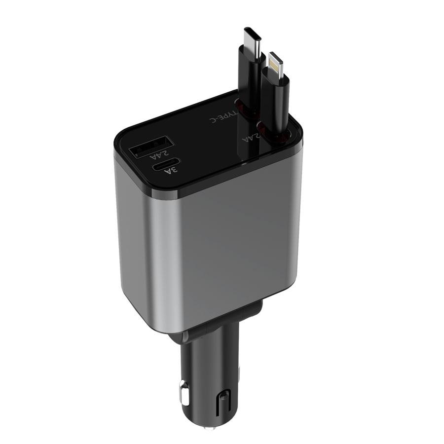 Super Brzi Auto Punjač PT-27 50W Type-C Lightning Kabal na Izvlačenje 800mm