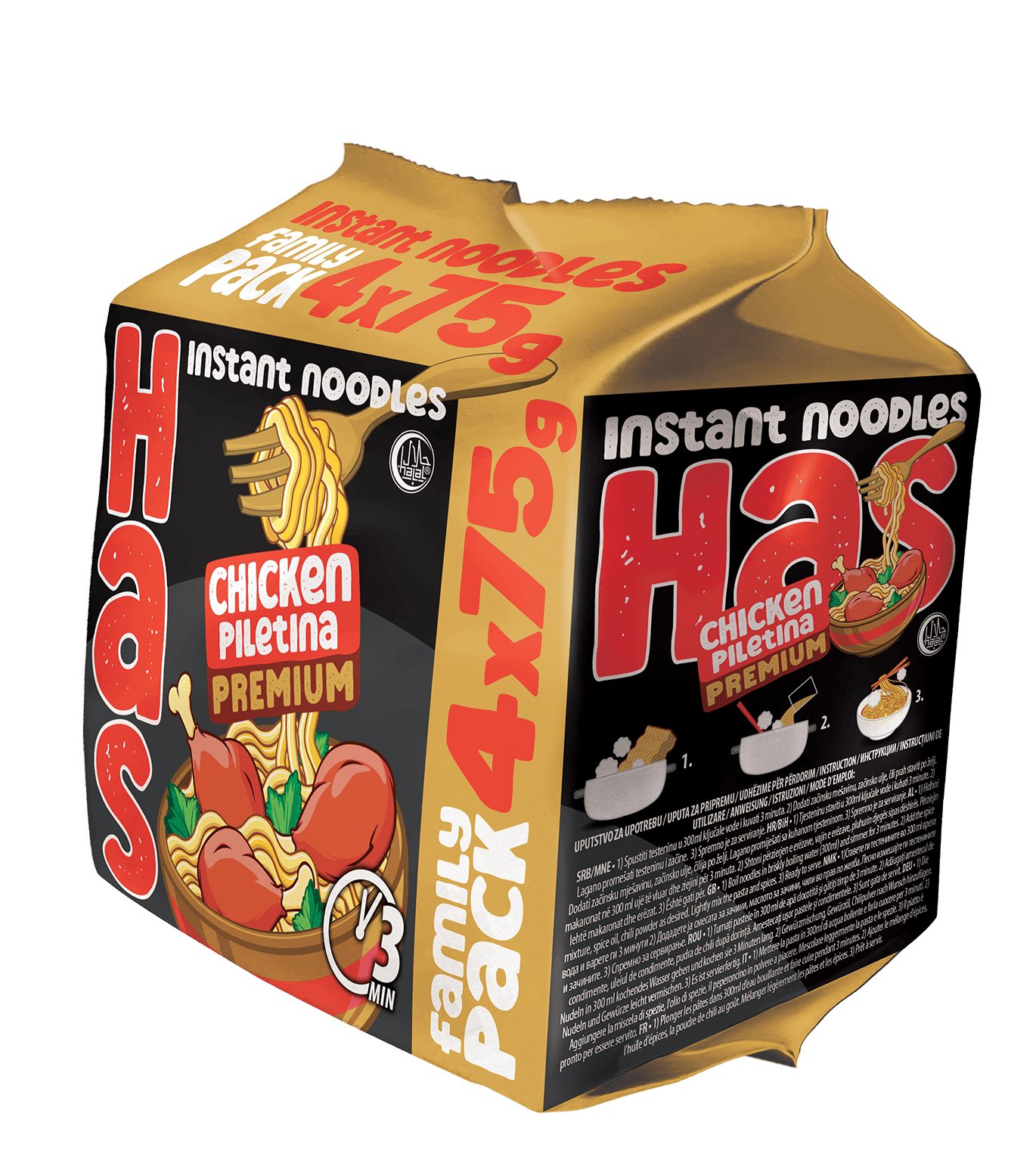 HAS NOODLE Rezanci s okusom piletine PREMIUM, Porodično pakiranje, 4x75g