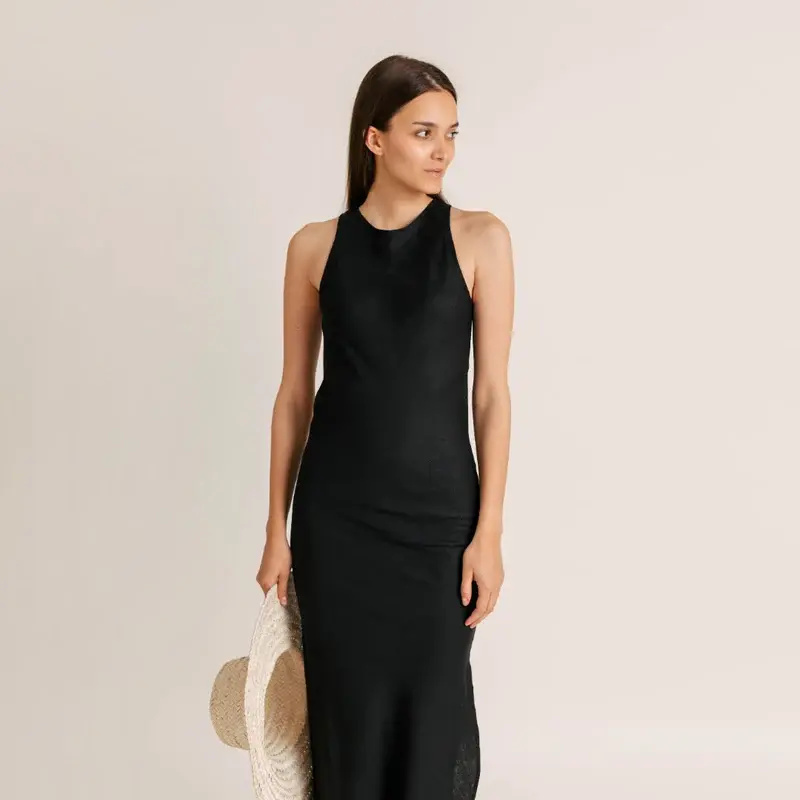 Intuitiva Ženska haljina na bretele Sundown, Lan, Crna