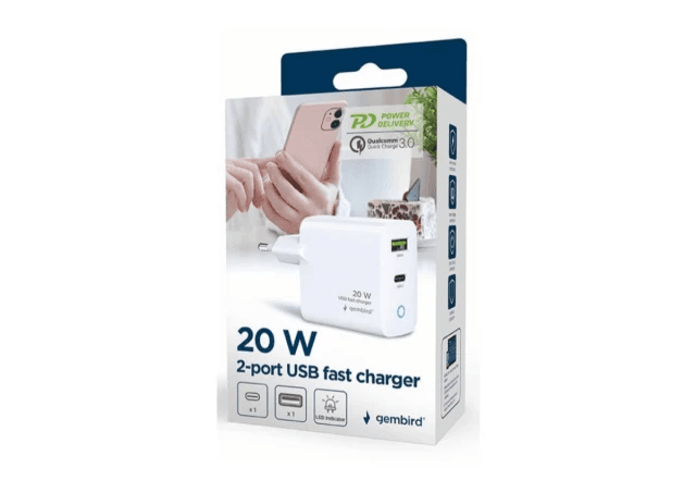 GEMBIRD TA-UC-PDQC20L-W-01 punjač 20W, 2-portni USB-A+USB-C LED, bijeli